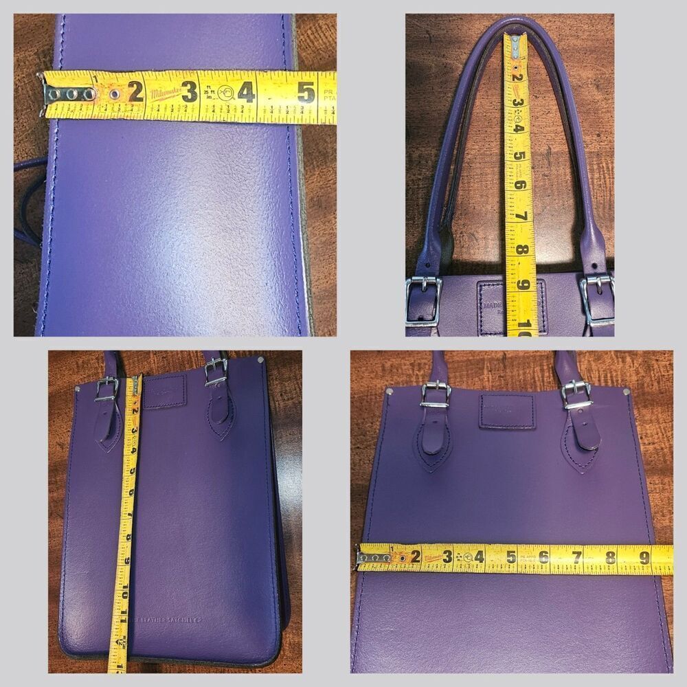 The Leather Satchel Company Deep Purple Mini Tote Made In UK 12.5"x9" Adj Handle - Picture 8 of 13